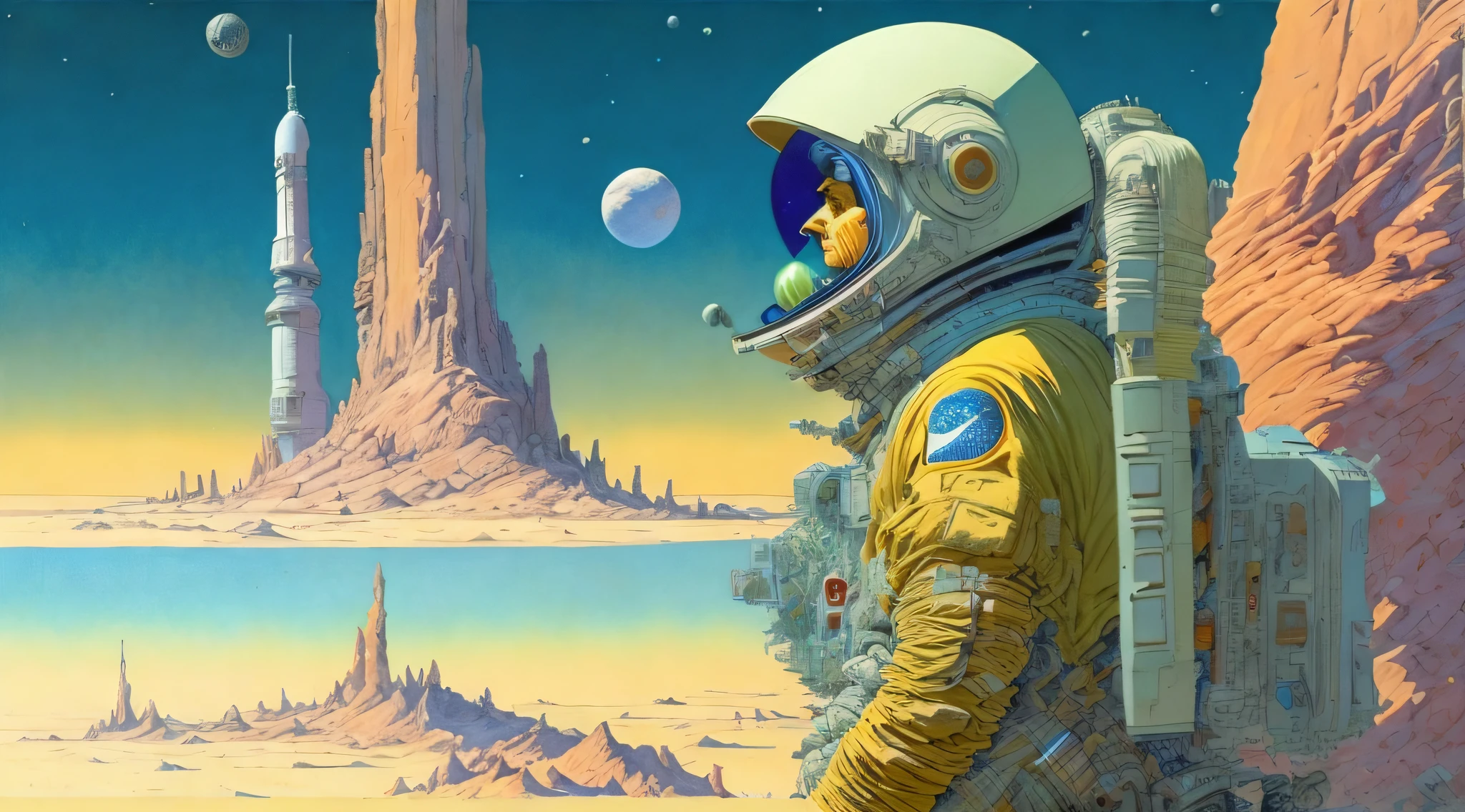 uma pintura de um astronauta em traje espacial, de pé em um penhasco com uma grande nave espacial ao fundo por Moebius Jean Giraud