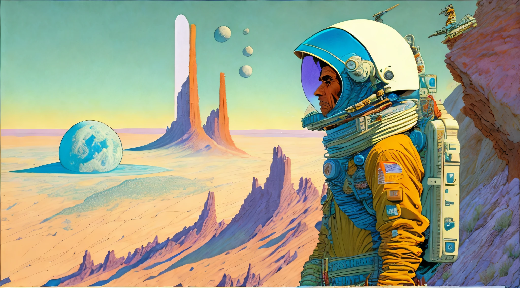 uma pintura de um astronauta em traje espacial, de pé em um penhasco com uma grande nave espacial ao fundo por Moebius Jean Giraud