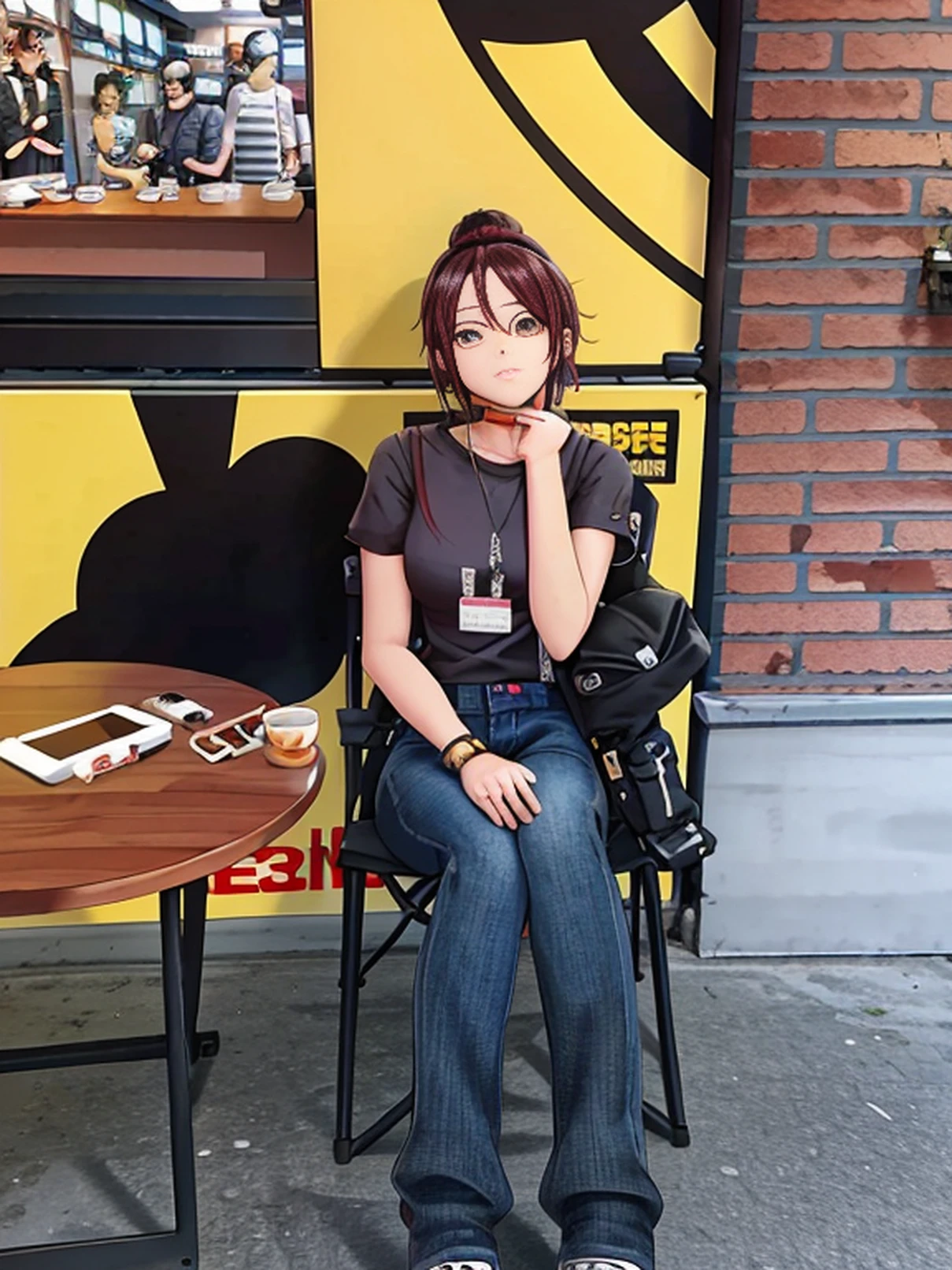 There was a woman sitting in a chair in front of the yellow sign, casual clothing style, Casual pose, sitting alone in a cafe, sitting in a café, She is seen wearing streetwear pieces, sitting down casually, Sit Pose, Casual clothing, trending at cgstation, Casual clothes, in front of ramen shop, dilraba dilmurat, sitting alone in a cafe --auto