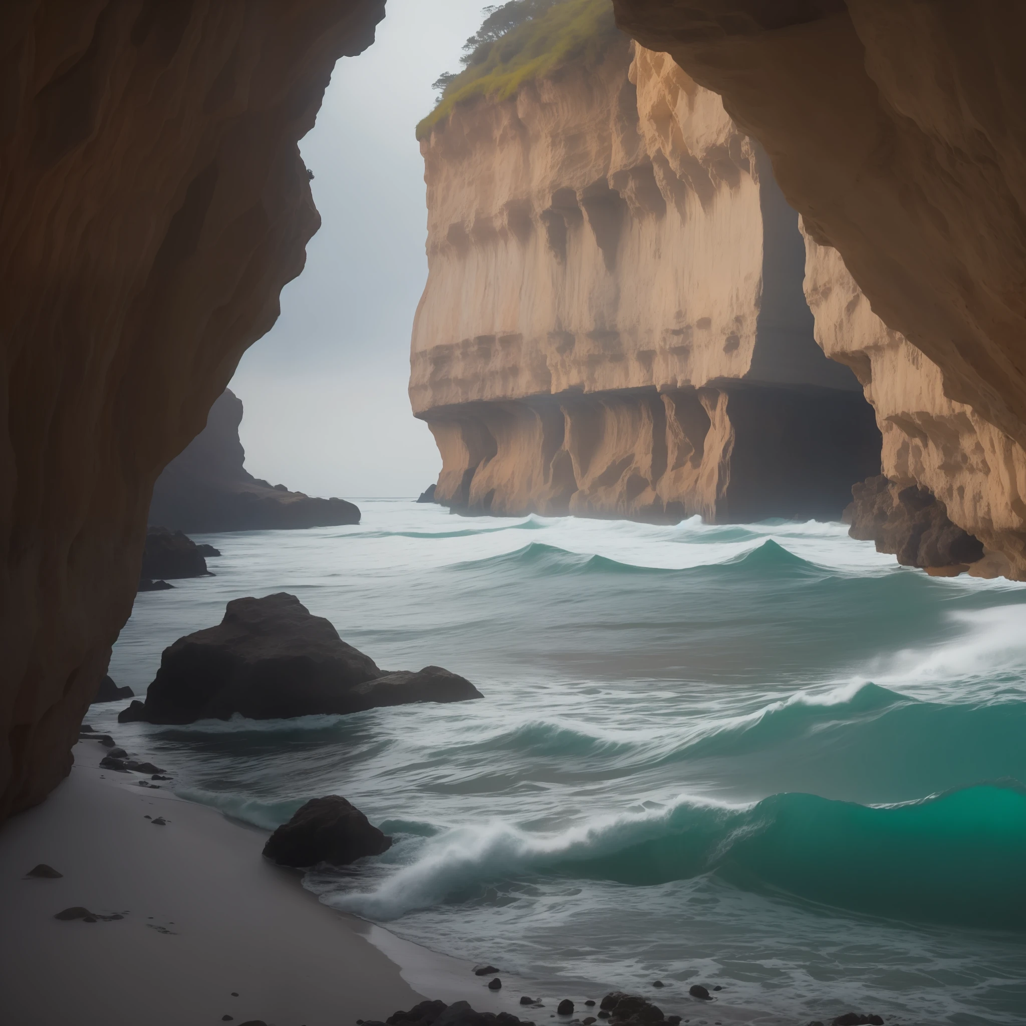 una vista cinematográfica del océano, desde la cueva