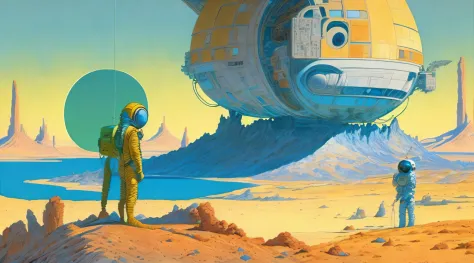 a painting of a Astronauts in Space Suit, repairing a large spaceship, another large spaceship in the background, alien planet, ...