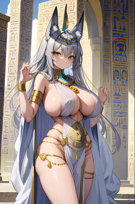 ​masterpiece, top-quality, high_resolution, fine detailed, highly detailed and beautiful, Distinct_image, 1 rapariga, 独奏, (silber hair), (huge-breasted), (tits out),(Egyptian costume),(Anubis Headgear),(sacred place)