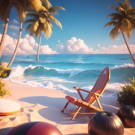 a golden beach in the sea, blue sky, a few coconut trees and beach chairs on the beach, surreal style, clay material, surfboard,...