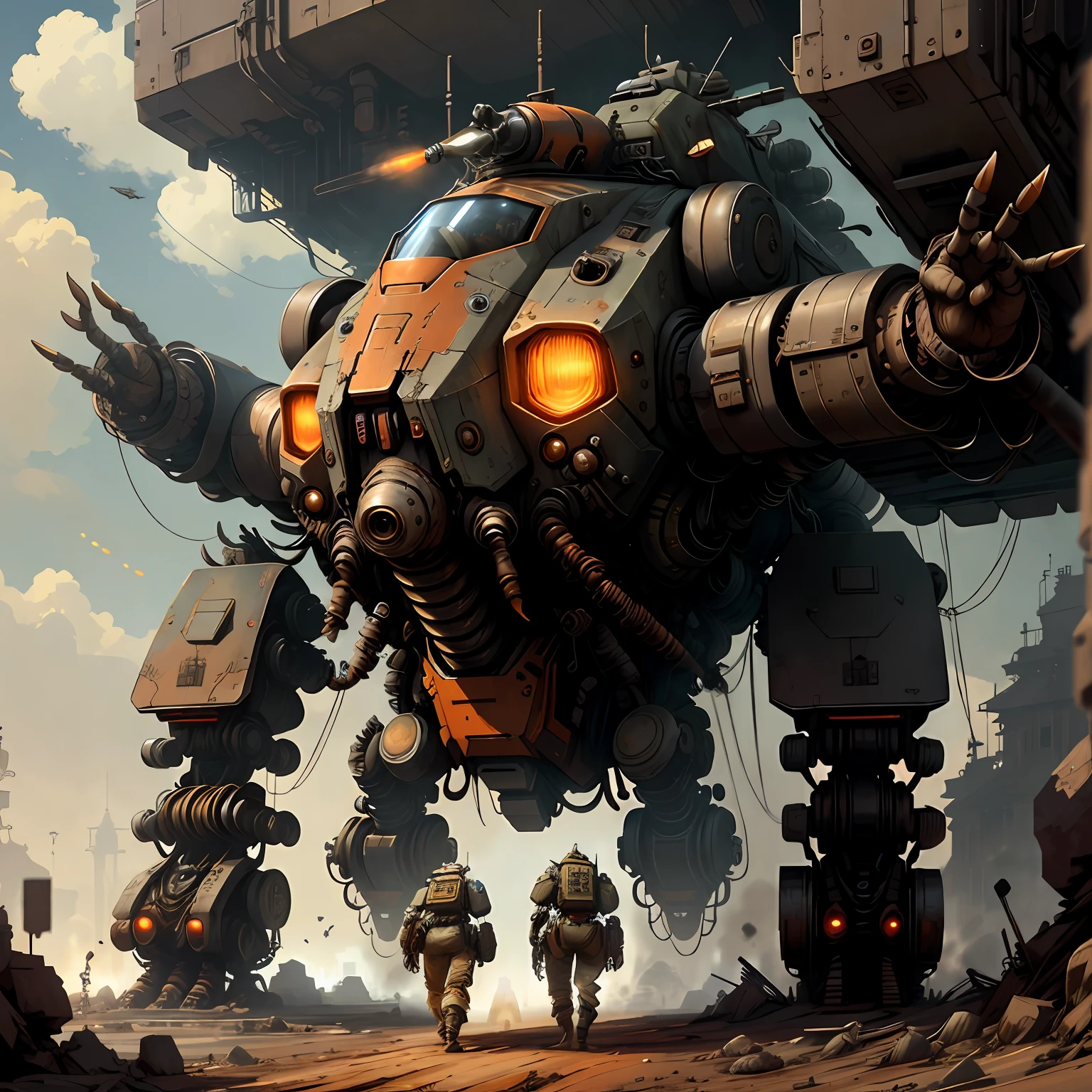 orange colors，Dieselpunk AI fighter mech