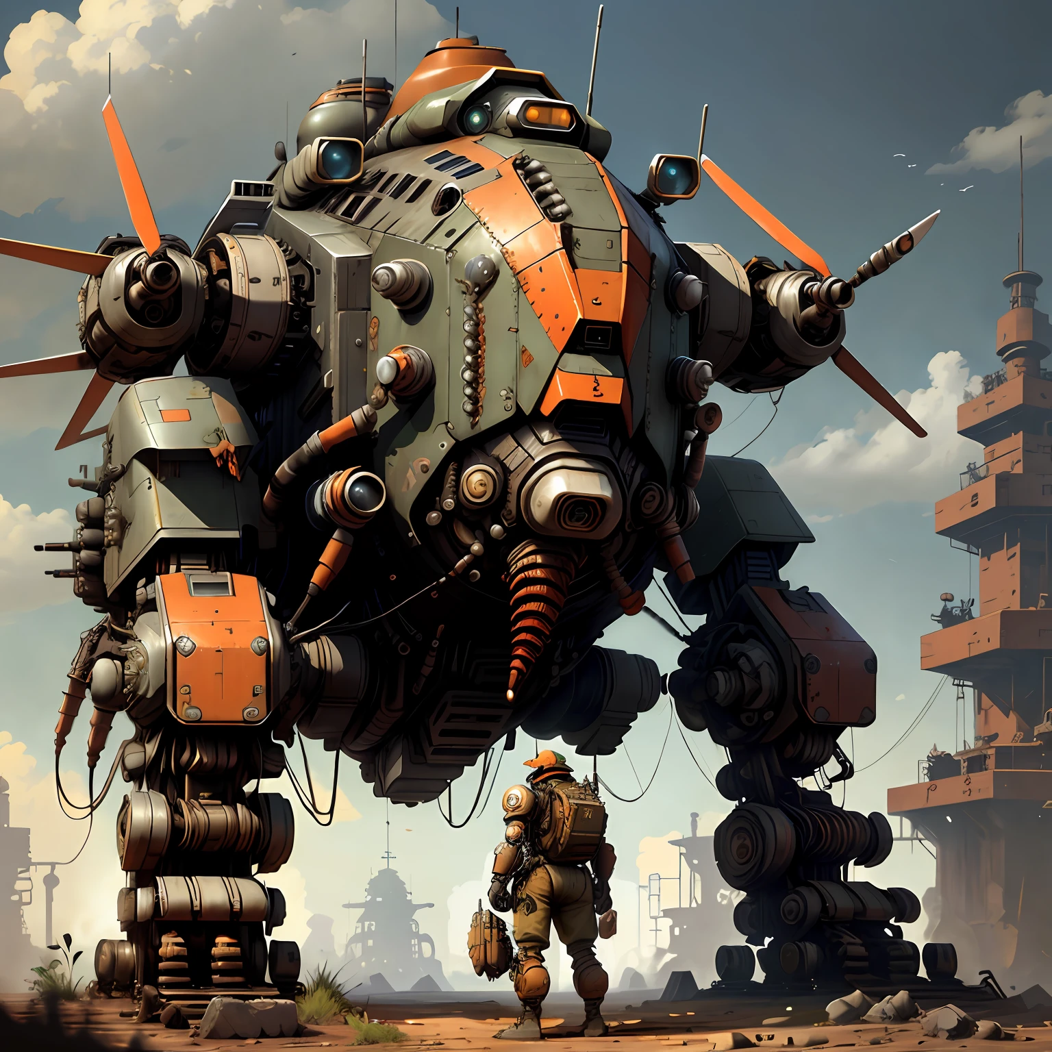 cores laranja，Mech de caça Dieselpunk AI