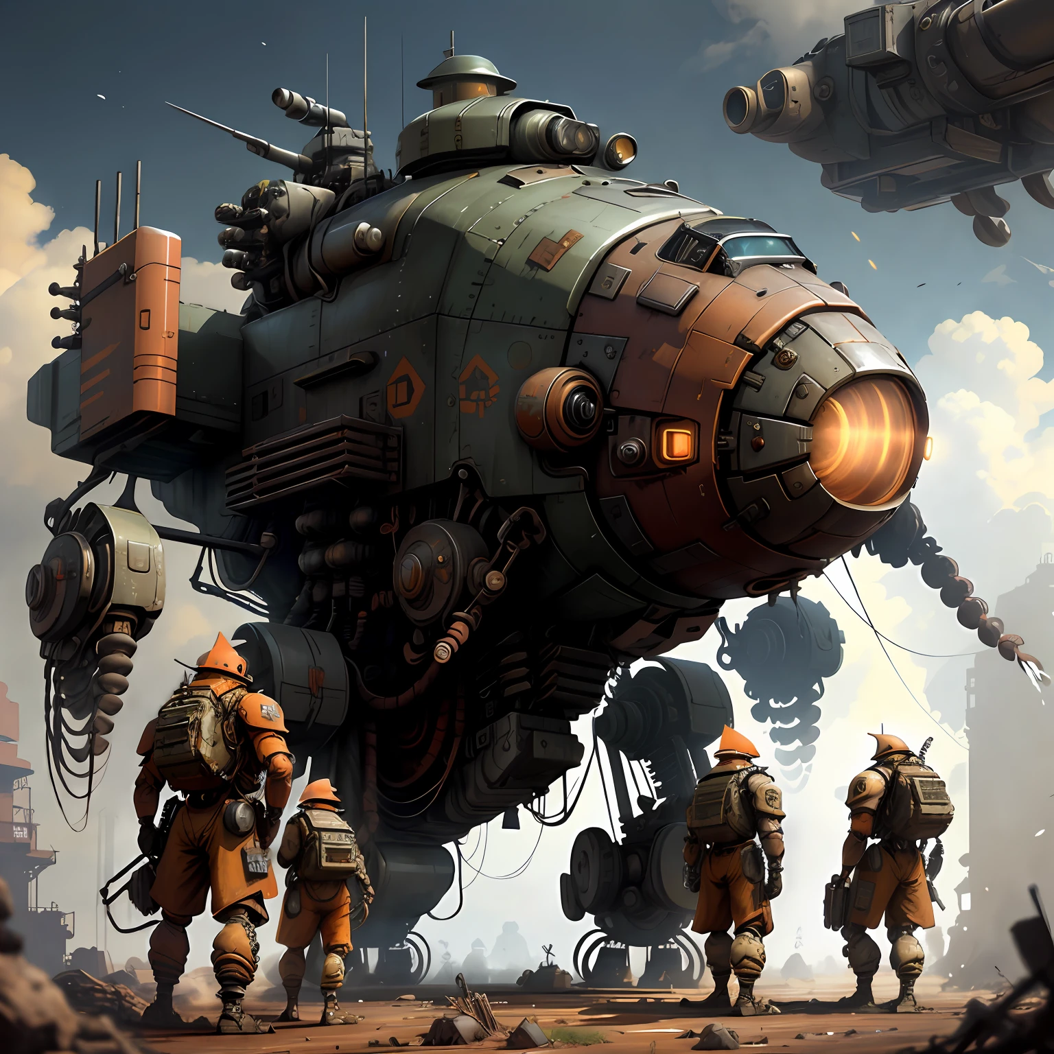 orange colors，Mecha de combate con IA Dieselpunk