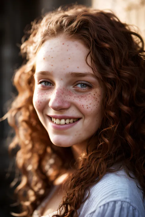 close up portrait of a 13 years old fantasy girl servant, ugly, hideous, curly fuzzy long voluminous red hair, many freckles, medieval fantasy servant clothes, friendly wide smile, in a big medieval city, (backlighting), realistic, masterpiece, highest qua...