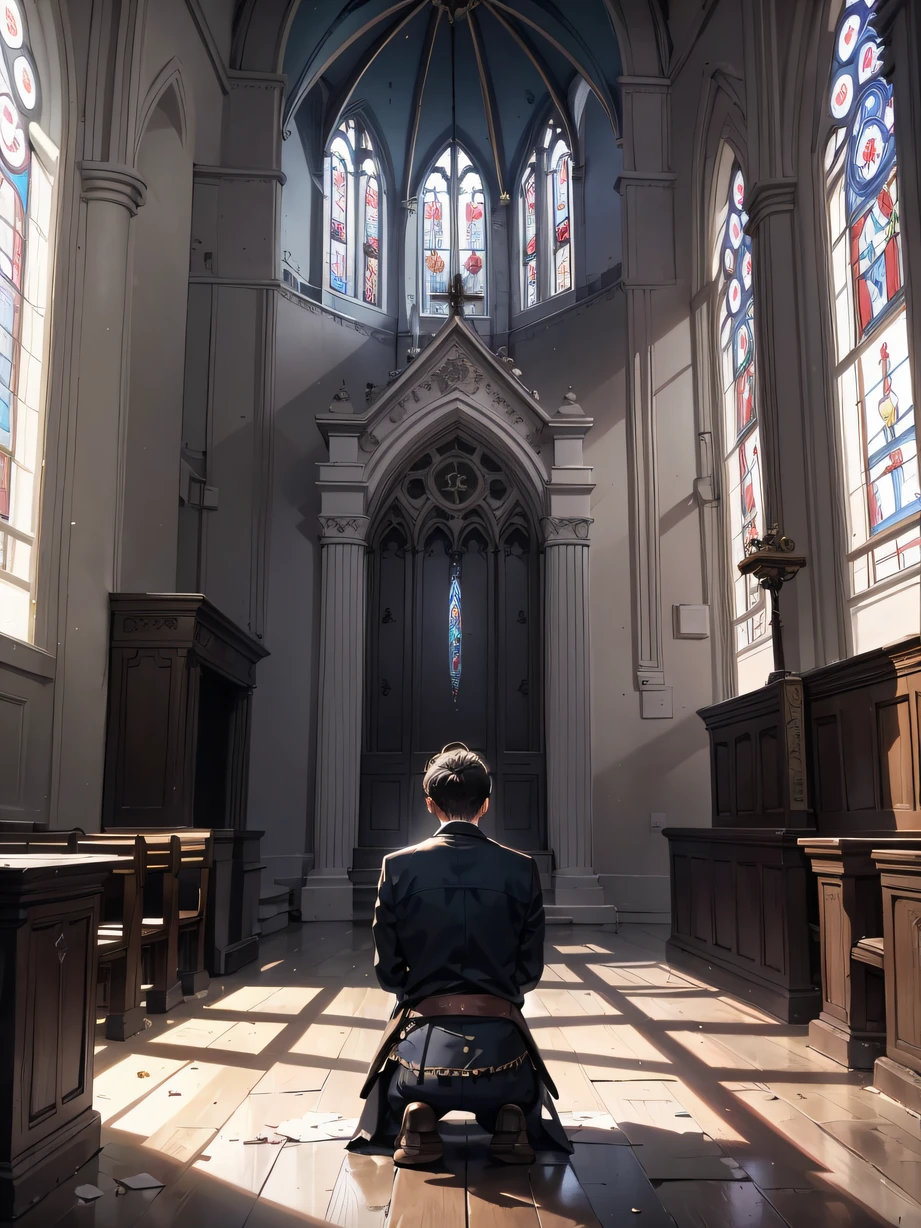 ，Masterpiece, Best quality，8K, Ultra-high resolution，In an abandoned church，The grieving man kneels before the altar and prays silently。The stained glass windows of the church reflected the sadness on his face，Sunlight shines through the glass，Cast dazzling light and shadow，But it didn't warm his wounded heart。（Close-up）