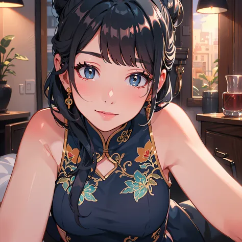 light blue cheongsam, dark blue hair,(((hairstyle to hide the eyes))), amber eyes, a seductive smile, high detailing,  awardwinn...