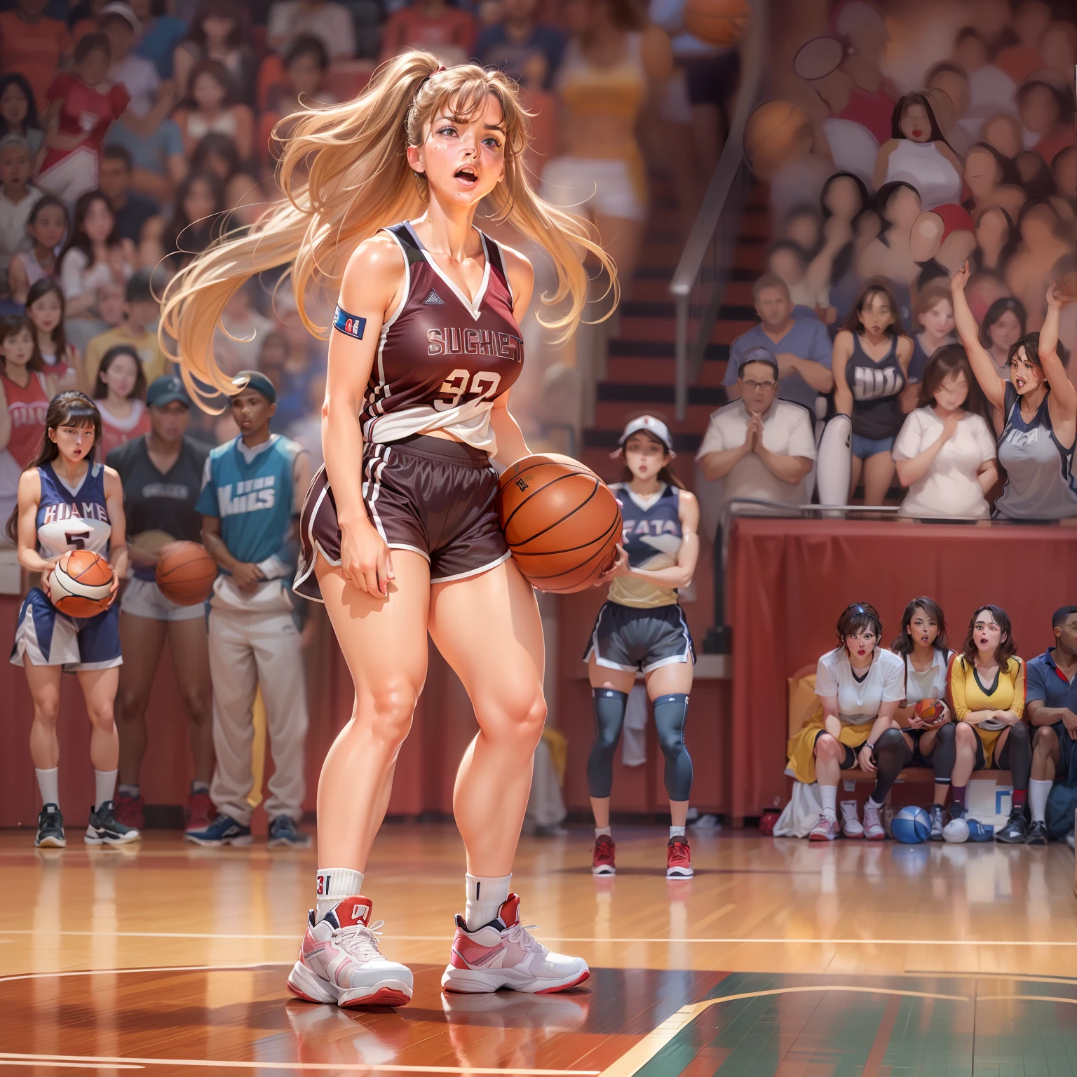 Mujer arafed con uniforme de baloncesto sosteniendo una pelota de  baloncesto en una cancha - SeaArt AI