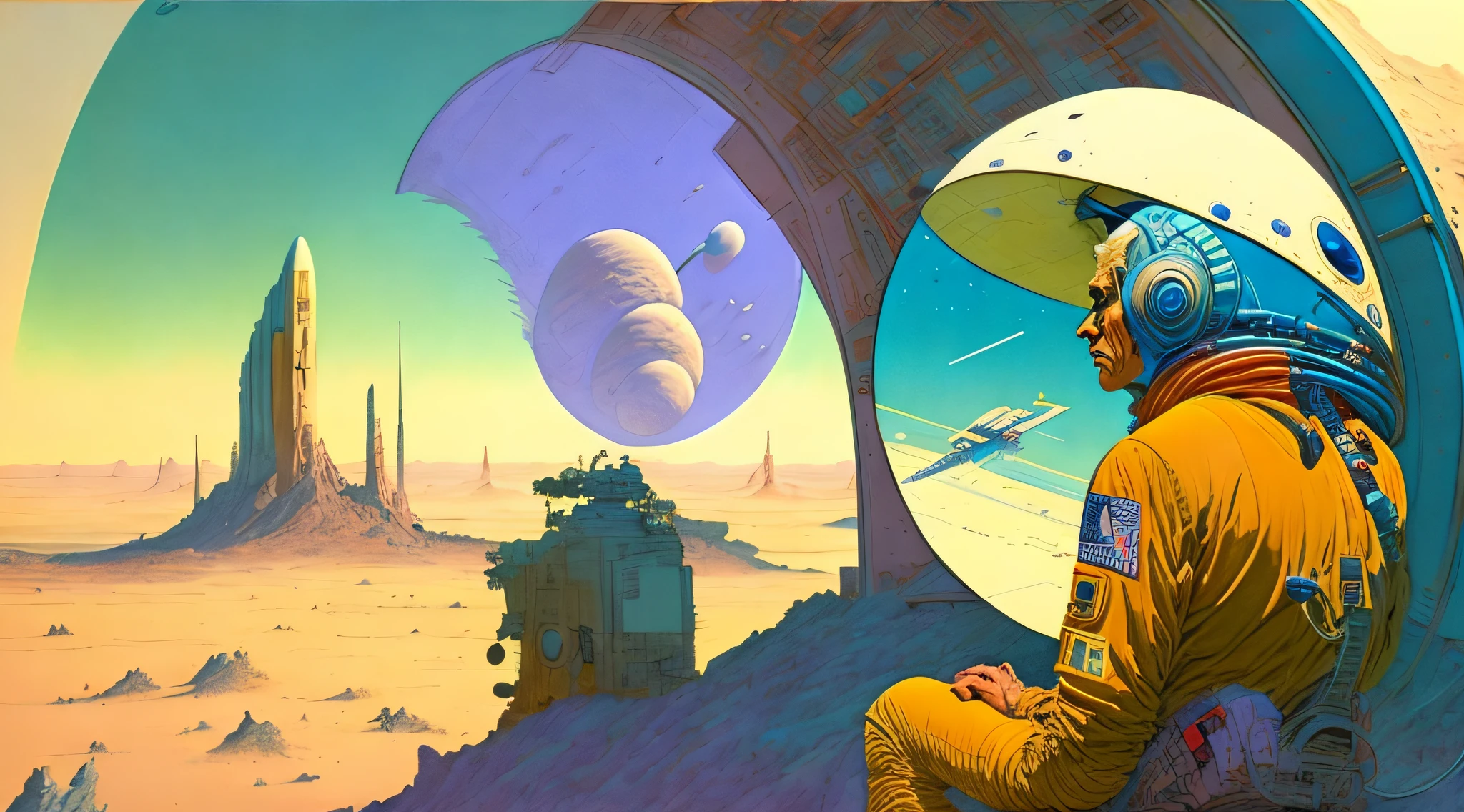 a painting of a Astronauts in Space Suit, repairing a large spaceship, another large spaceship in the background, alien planet, ringed planet by Moebius Jean Giraud