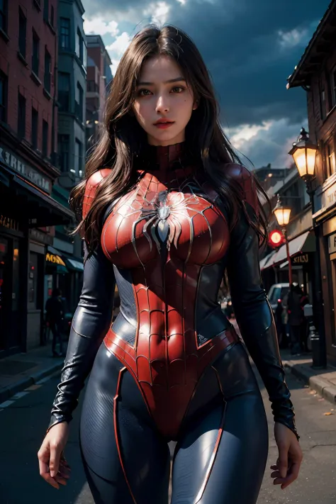 (wearing spiderwoman_cosplay_outfit:1.1), in front of a sky, 
good hand,4k, high-res, masterpiece, best quality, head:1.3,((Hass...