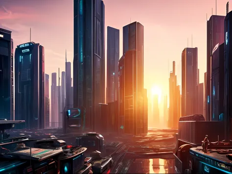 The buildings of 2100 are a megacity with a cyberpunk design、The residents who live there are:（Small mechanical animals）Walking around、Street corner with beautiful sunset、cinematic images、８K resolution