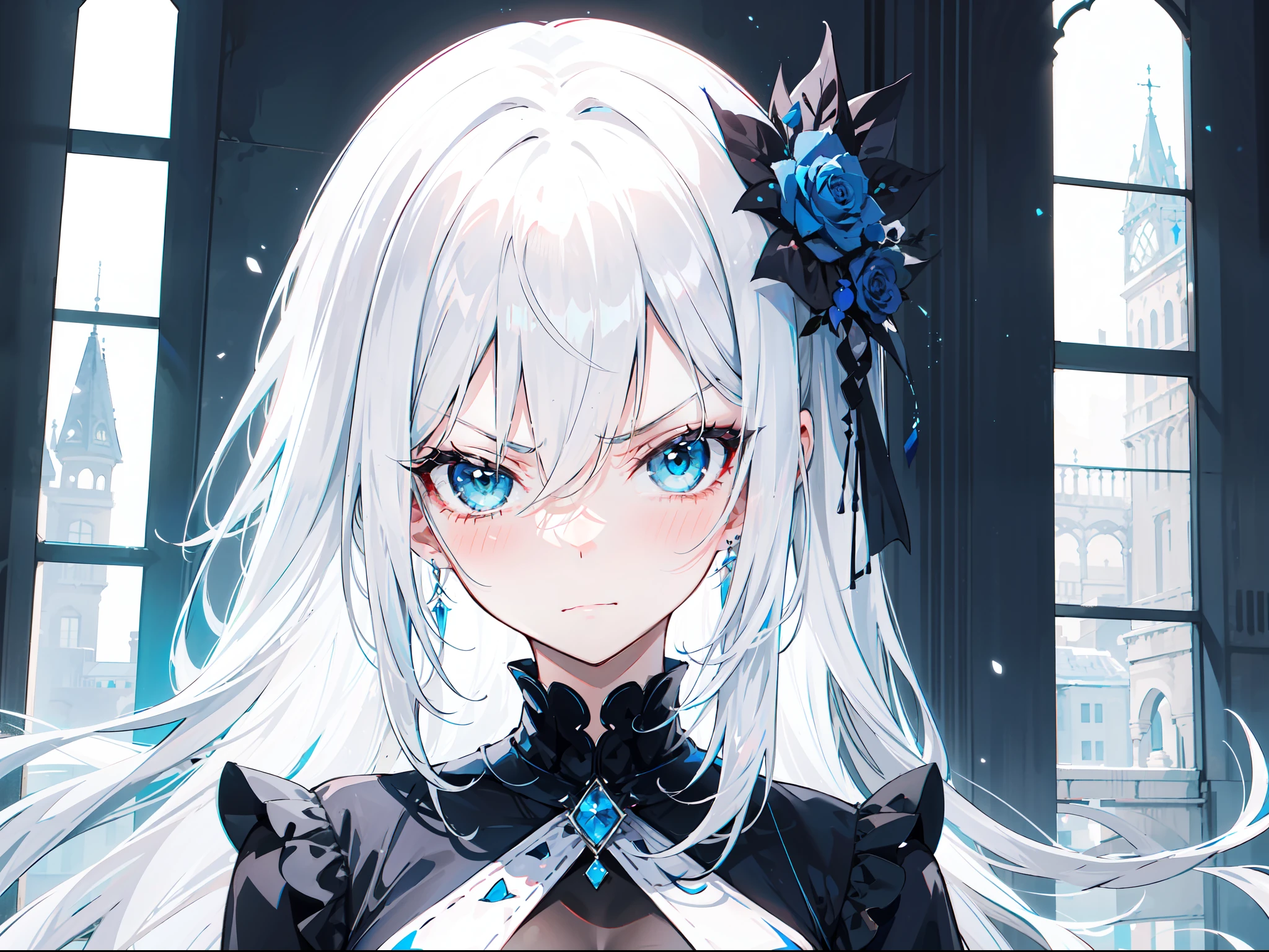 "Generate a young girl with long, flowing, white hairstylist hair. She has mesmerizing green eyes on the right and captivating blue eyes on the left. She has an adorable, slightly angry expression, with the showing a hint of blush. She is wearing an elegant white gothic outfit."