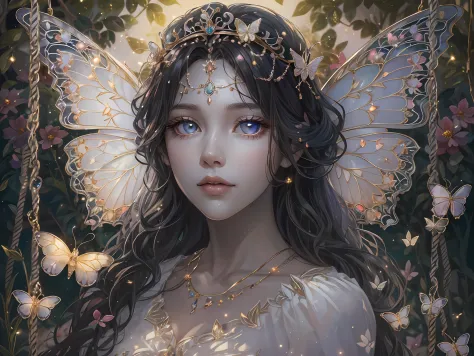 1 woman with a crown，the night，Sitting on a swing in the garden，dream colors，Beautiful and elegant butterfly queen, Guviz, Fantasy art style, 8K high quality detailed art, Butterfly Lord, Beautiful and seductive butterfly princess，digital fantasy art , ell...