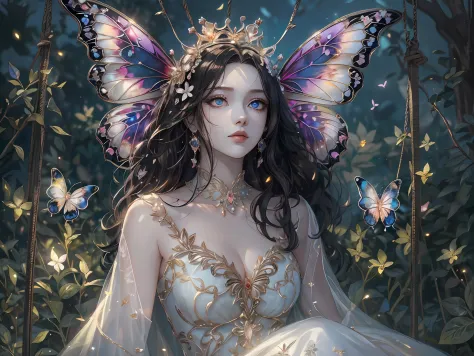 1 woman with a crown，the night，Sitting on a swing in the garden，dream colors，Beautiful and elegant butterfly queen, Guviz, Fantasy art style, 8K high quality detailed art, Butterfly Lord, Beautiful and seductive butterfly princess，digital fantasy art , ell...
