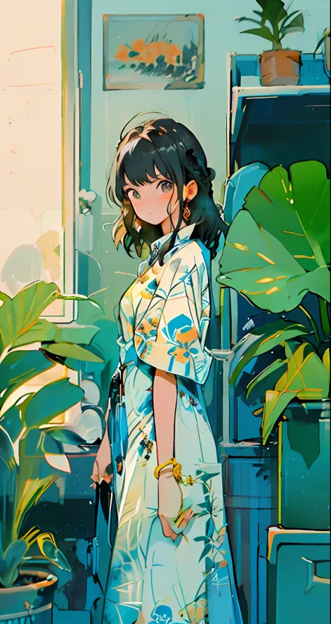 1girl, a plant, 独奏, jewely, 耳nipple ring, potted plant, a dark-haired, doress, looking at the viewers, shortsleeves, bangss, red...