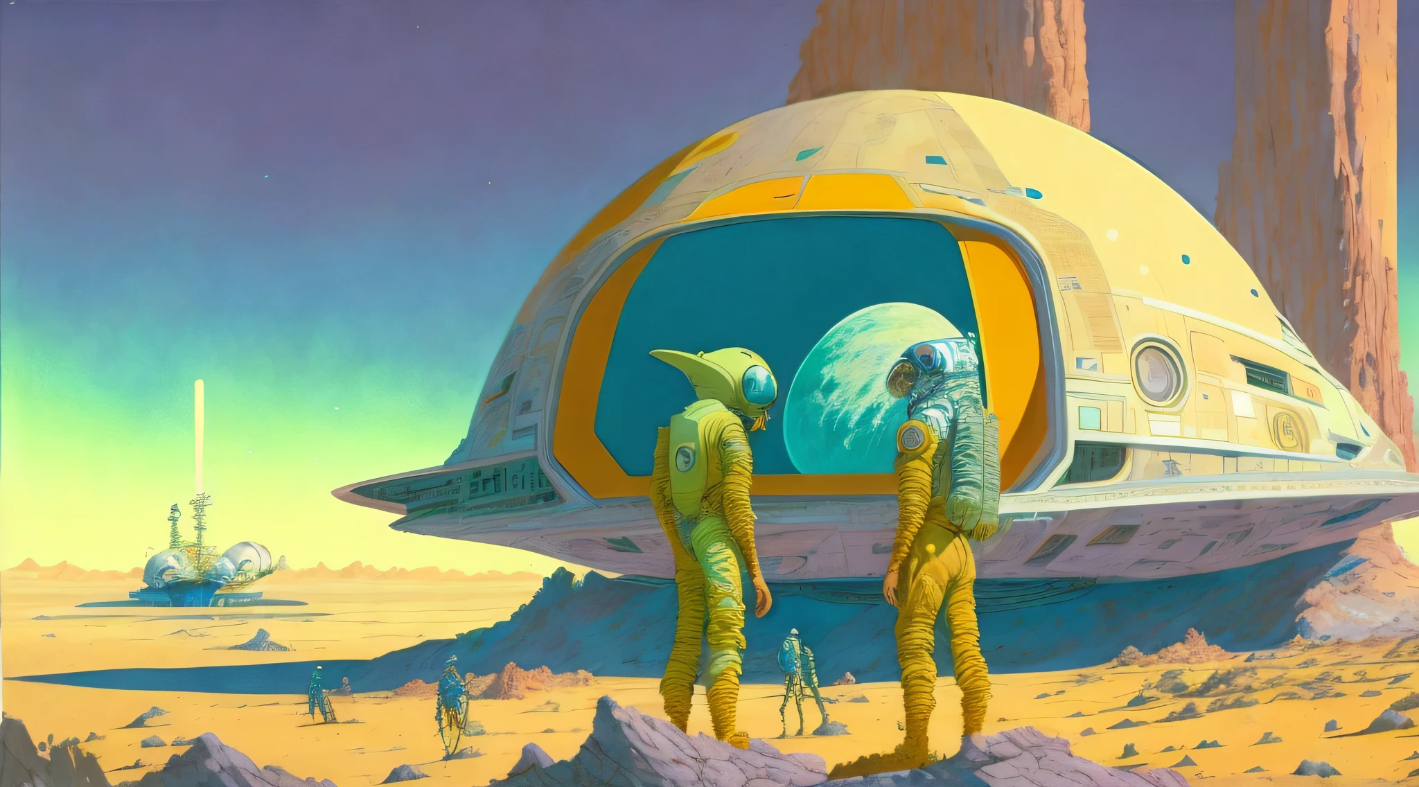 a painting of a Astronauts in Space Suit, repairing a large spaceship, another large spaceship in the background, alien planet, ringed planet by Moebius Jean Giraud