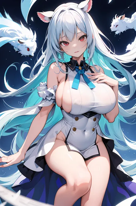 ​masterpiece, top-quality, high_resolution, fine detailed, highly detailed and beautiful, Distinct_image, 1 rapariga, 独奏, frombelow, silber hair, red eyes, (huge-breasted), (tits out),Cartoon image of a woman in cow costume, oppai, spotted ultra realistic,...