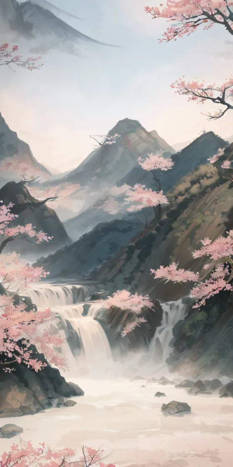painting of a mountain scene with a waterfall and a bird, chinese landscape, chinese watercolor style, chinese painting style, detailed scenery —width 672, chinese style painting, intricate ink painting detail, oriental wallpaper, chinese surrealism, made ...