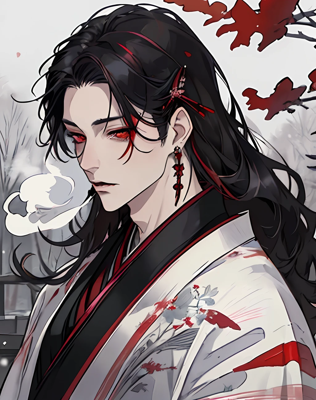 masterpiece, portrait, smoke, winter, snow, red and blck butterfly, snowy trees, watercolor, (((man))), kimono, red eyes, detaled eyes, black hair, long hair, perfect detailed face, night, attractive man, vampire, yoshiwara style, tabaco, pink skin, masculine, earrings, hair accesories,