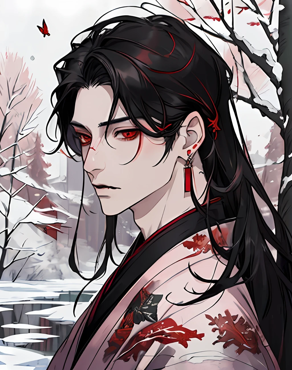 masterpiece, portrait, smoke, winter, snow, red and blck butterfly, snowy trees, watercolor, (((man))), kimono, red eyes, detaled eyes, black hair, long hair, perfect detailed face, night, attractive man, vampire, yoshiwara style, tabaco, pink skin, masculine, earrings, hair accesories,
