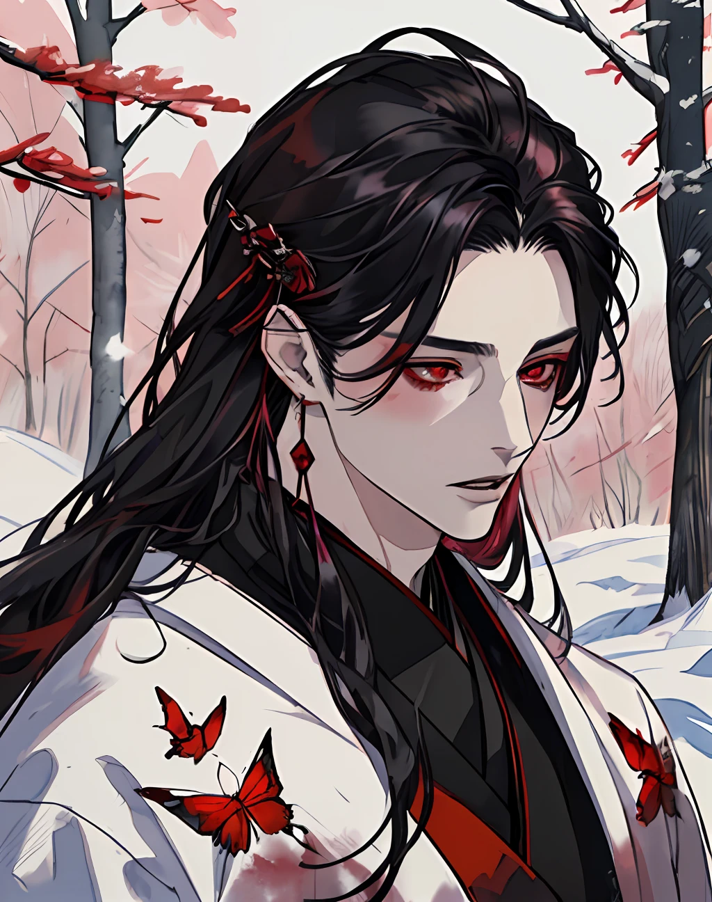 masterpiece, portrait, smoke, winter, snow, red and blck butterfly, snowy trees, watercolor, (((man))), kimono, red eyes, detaled eyes, black hair, long hair, perfect detailed face, night, attractive man, vampire, yoshiwara style, tabaco, pink skin, masculine, earrings, hair accesories,