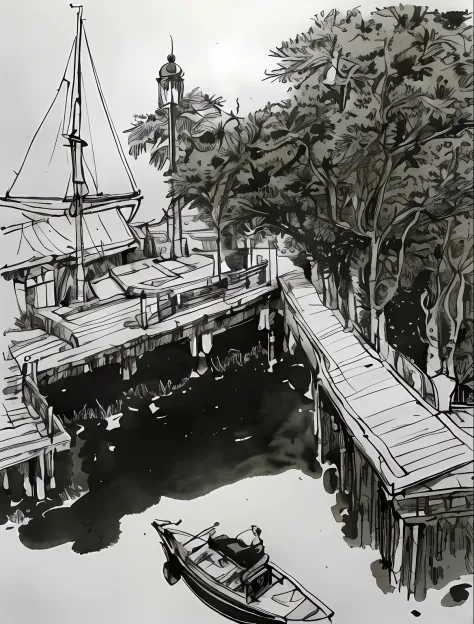 Draw a house on the pier，There are boats in the water, black and white detailed sketch, pen and ink drawings, perfect pen and ink line art, pen and ink illustration, Black and white sketch, professional sketch, pen and ink drawings, pen - and - ink illustr...