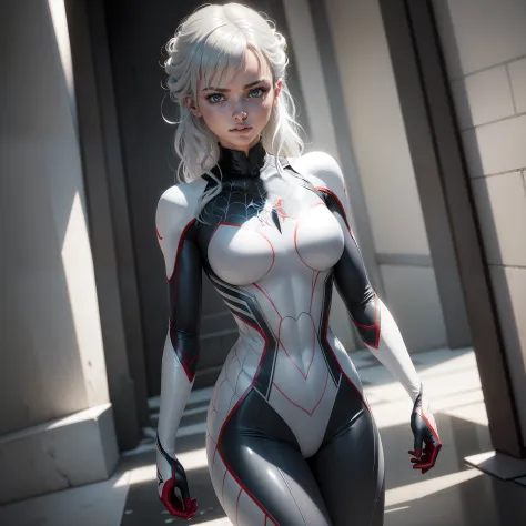 (CG Unity 8K wallpaper in extreme detail，tmasterpiece，Highest image quality)，(Delicate light and shadow，The picture is highly dramatic，Cinematic lens effect)，A girl in a white Spider-Man costume，Silver-gray hair color，From the Spider-Man parallel universe，...