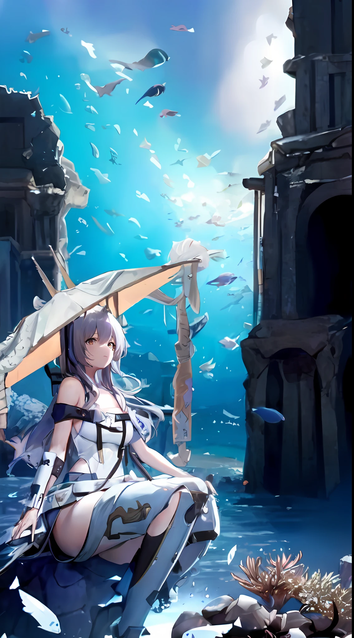 Anime girl sitting on a rock under an umbrella in the sea, A scene from the《azur lane》videogame, azur lane style, 《azur lane》role, Ayaka Genshin impact, Kantai collection style, ayaka game genshin impact, ethereal anime, 2. 5 D CGI anime fantasy artwork, From Arknights, beautiful fantasy anime, Anime goddess