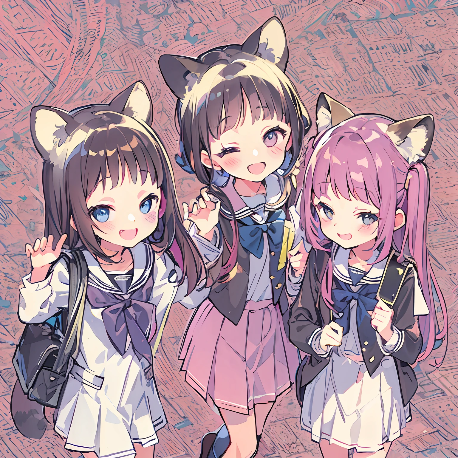 Top image quality, Little raccoon eared girl　　Smiling face happily　School Uniforms　sisterhood　Ad styles