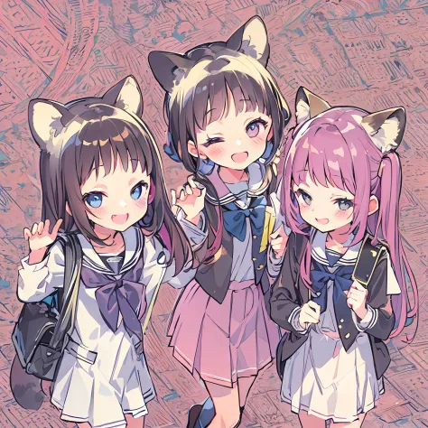 Top image quality, Little raccoon eared girl　　Smiling face happily　School Uniforms　sisterhood　Ad styles