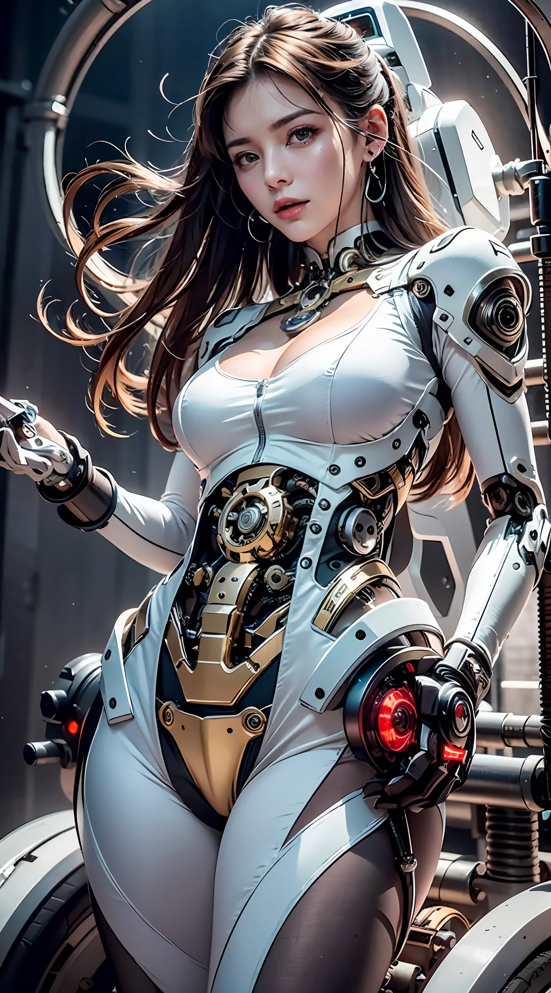 best qualtiy， tmasterpiece， Ultra-high resolution， Rendered with camera-like realism， real photograph，(((( A mechanical girl))))，((独奏))，(((full bodyesbian))),((Perfect facial features，delicated face))，((Clean face))，((There is nothing else on the face))， highly realistically detailed， Panoramic lighting effects， Fine and accurate shading representation， rendering by octane， 8K resolution， Reveal vivid skin details， Representation of metallic materials， Depicting vacuum tubes、Liquid tubes、oil pressure gauges、glass tubes、Simulate details such as meters， Highlight the details and movement of gears， The performance of gold hydraulic cylinders， realism light effect， Face the audience's gaze， Depict neon details in detail， Mechanized body parts， The mechanized spine is attached to the back， Mechanical attachment attached to the neck，