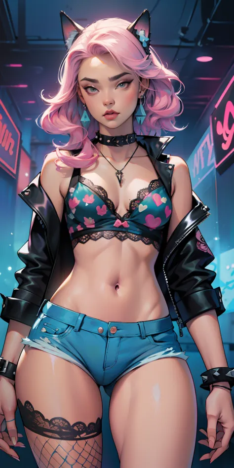 Background, In chic boho style, in club, Ice cream print, multi-colored neon lights, neon garlands, rose hair, mixed-language_SMS, Japanese, (beautiful and clear background:1.2),, fantastic paintings ,graffit style, high detailed eyes , underwear, lace, la...