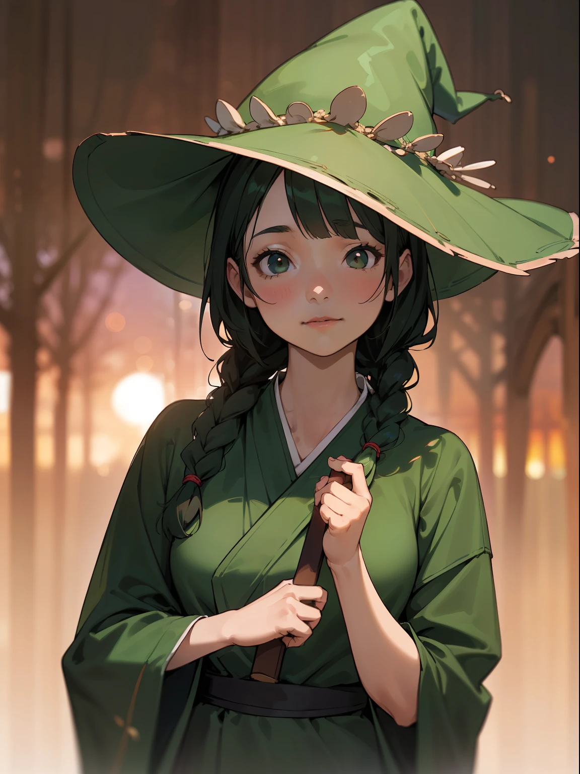 (Cute girl in braids wearing green witch hat), (Cute girl about 10 years old), (Magazine covers),Play the lute, Simple Green Witch Hat,(masutepiece), (very intricate:1.3), (Realistic), portrait of girl, the most beautiful in the world, (Green Witch Robe) , Upper body, forest, Intense sunlight, Professional photo details of stunning girls, foco nítido, Dramatic, awardwinning, Cinematic lighting, , Volumetrics DTX, (Film grain, Blurry background, Blurred foreground, Bokeh, depth of fields, Sunset, Motion Blur:1.3),Realism,Oversized shirt,Black eyes