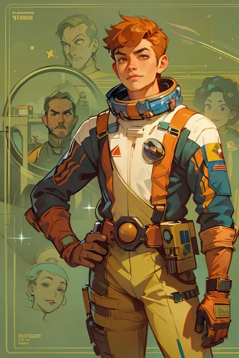 full body, space western, star wars, star trek, Guardians of the Galaxy, Treasure Planet, space peter pan, young man, tanned skin, ginger, smug, soft smile, adventurous, space pilot, fashion space suit, retrofuturism, atompunk, space opera, character desig...