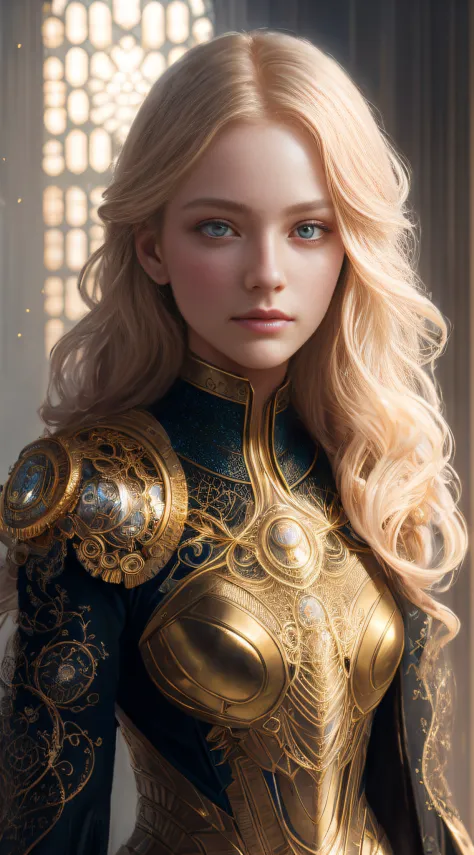 Portrait of a beautiful cyborg with 8k golden hair, intricate, elegant, finely detailed, majestic, digital photography, artgerm ...