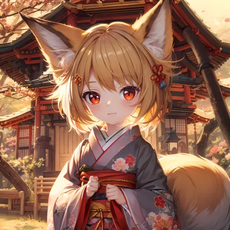 (Best quality), (masterpiece:1.3), (photorealistic:1.36), (realistic), ultra-detailed, Japanese Anime Style, Moe, 1young girl, chibi, Big head, Tiny, This depicts a fox disguised as a female, dressed in off-the-shoulder kimono clothing, an golden fox with ...