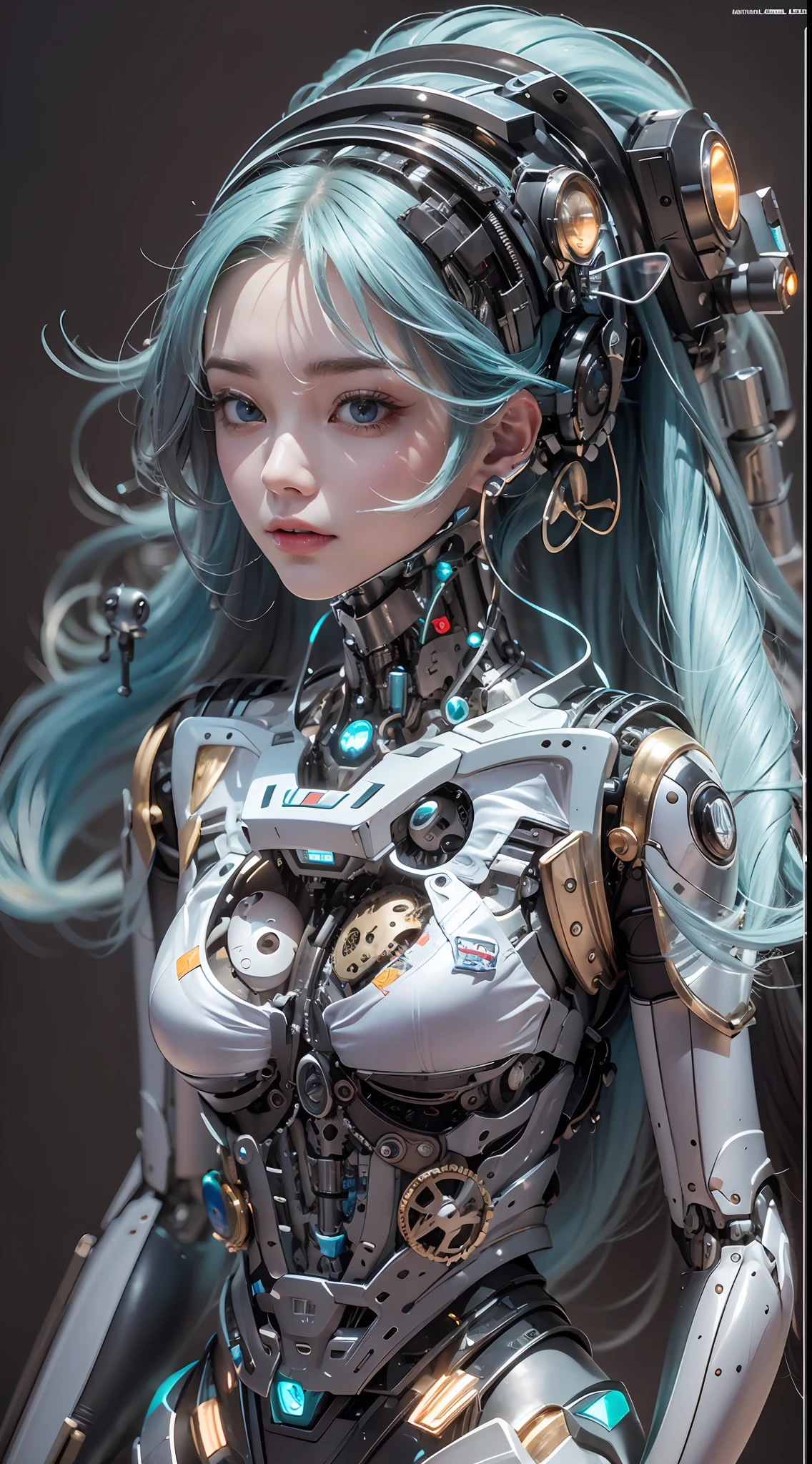 best qualtiy， tmasterpiece， Ultra-high resolution， Rendered with camera-like realism， real photograph，(((( A mechanical girl))))，((独奏))，(((full bodyesbian))),((Perfect facial features，delicated face))，((Clean face))，((There is nothing else on the face))， highly realistically detailed， Panoramic lighting effects， Fine and accurate shading representation， rendering by octane， 8K resolution， Reveal vivid skin details， Representation of metallic materials， Depicting vacuum tubes、Liquid tubes、oil pressure gauges、glass tubes、Simulate details such as meters， Highlight the details of the gears，  realism light effect， Face the audience's gaze，Mechanical components， The mechanical spine is attached to the back， Mechanical attachment attached to the neck，