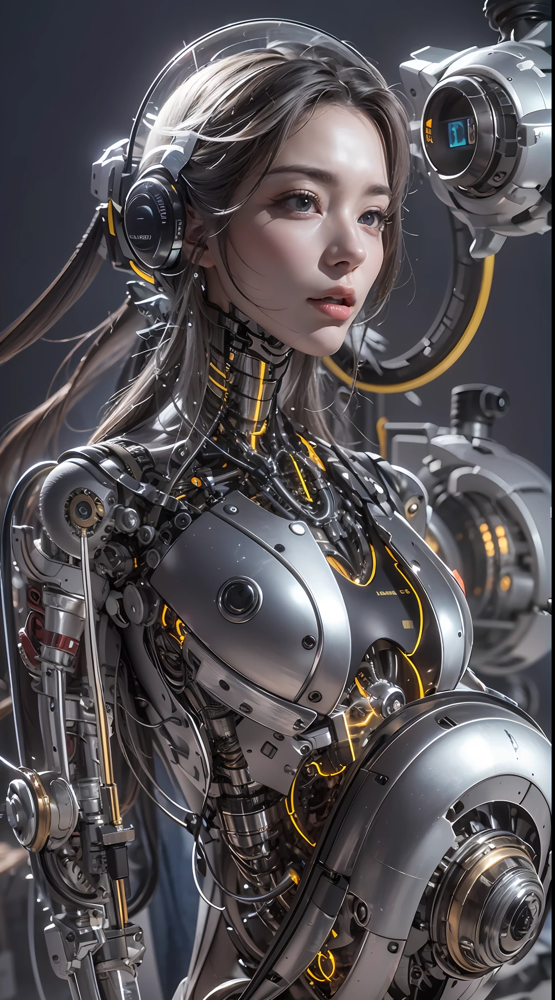 best qualtiy， tmasterpiece， Ultra-high resolution， Rendered with camera-like realism， real photograph，(((( A mechanical girl))))，((独奏))，(((full bodyesbian))),((Perfect facial features，delicated face))，((Clean face))，((There is nothing else on the face))， highly realistically detailed， Panoramic lighting effects， Fine and accurate shading representation， rendering by octane， 8K resolution， Reveal vivid skin details， Representation of metallic materials， Depicting vacuum tubes、Liquid tubes、oil pressure gauges、glass tubes、Simulate details such as meters， Highlight the details of the gears，  realism light effect， Face the audience's gaze，Mechanical components， The mechanical spine is attached to the back， Mechanical attachment attached to the neck，