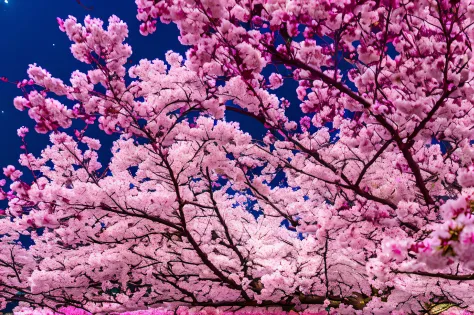 Arafed tree with pink flowers and full moon on background, under a cherry blossom tree, cherryblossom, sakura season dynamic lighting, The cherry tree, The cherry tree, sakura trees in the background, cherry blossom, The cherry tree, sakura bloomimg, cherr...