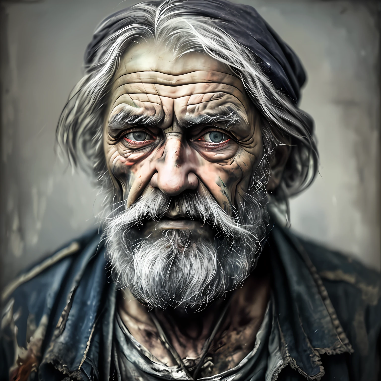 A Portrait Of Poor Russian 1800 Old Worker In Rags, ((overwhelming 