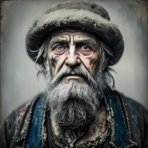 a portrait of poor russian 1800 old worker in rags, ((overwhelming fatigue )), wrinkles of age, concept art, oil pastel painting...