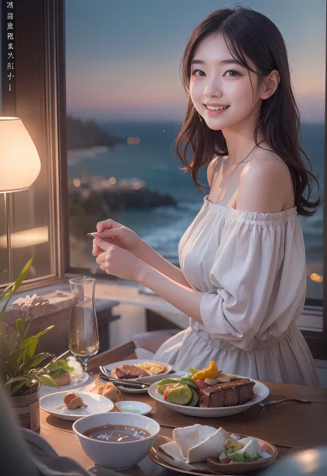 8k、top image quality、​masterpiece、夏天、20yr old、(1 adult female)、off-the-shoulder dresses、eating moments、by the window、ocean view、...