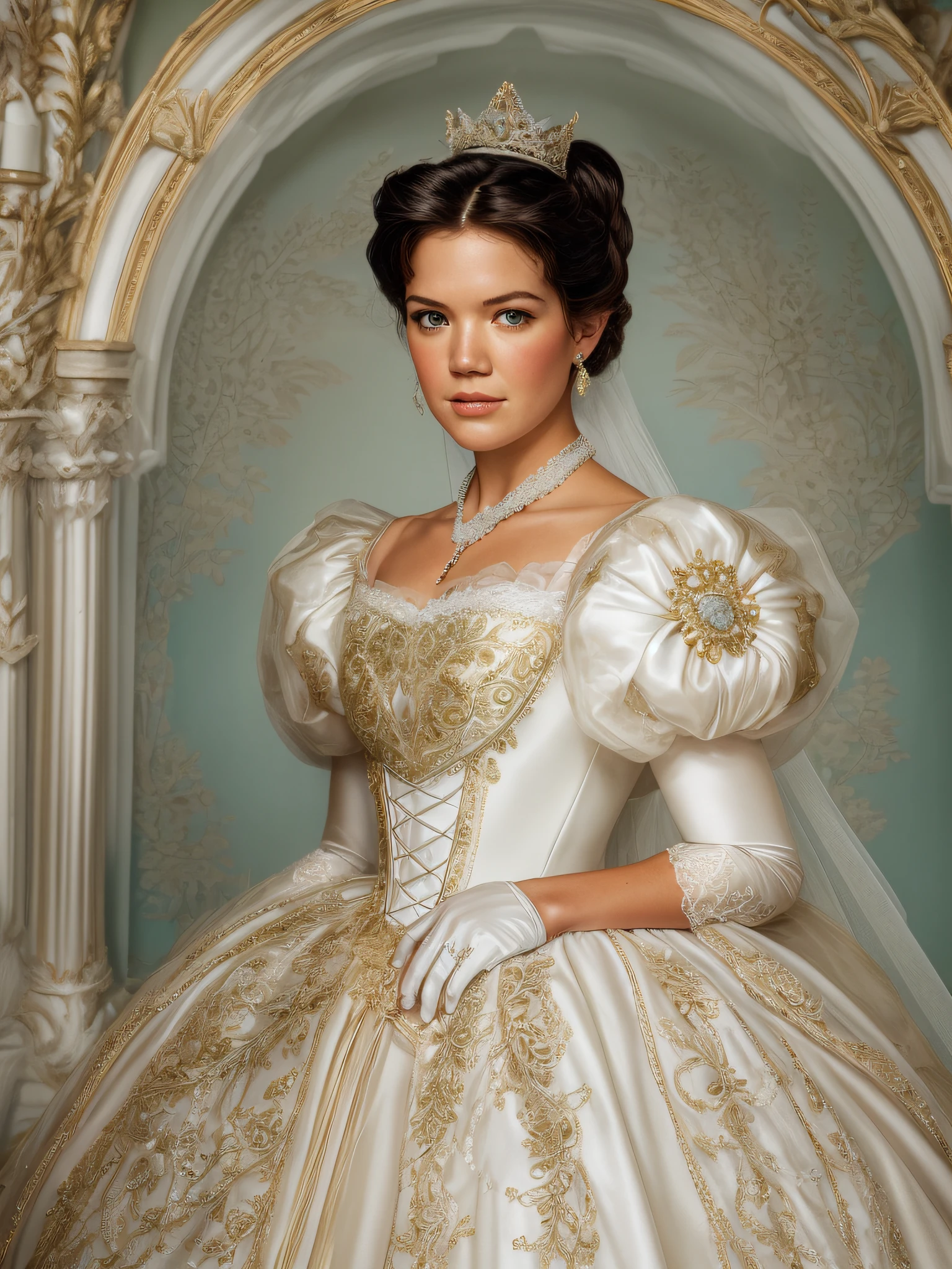Young Mandy Moore wearing a Stately and Elaborate Royal Cinderella Wedding Dress with an hourglass waist, and a crinoline hoopskirt, adorned with bows, embroidery, and jewels, white gloves, pearls
