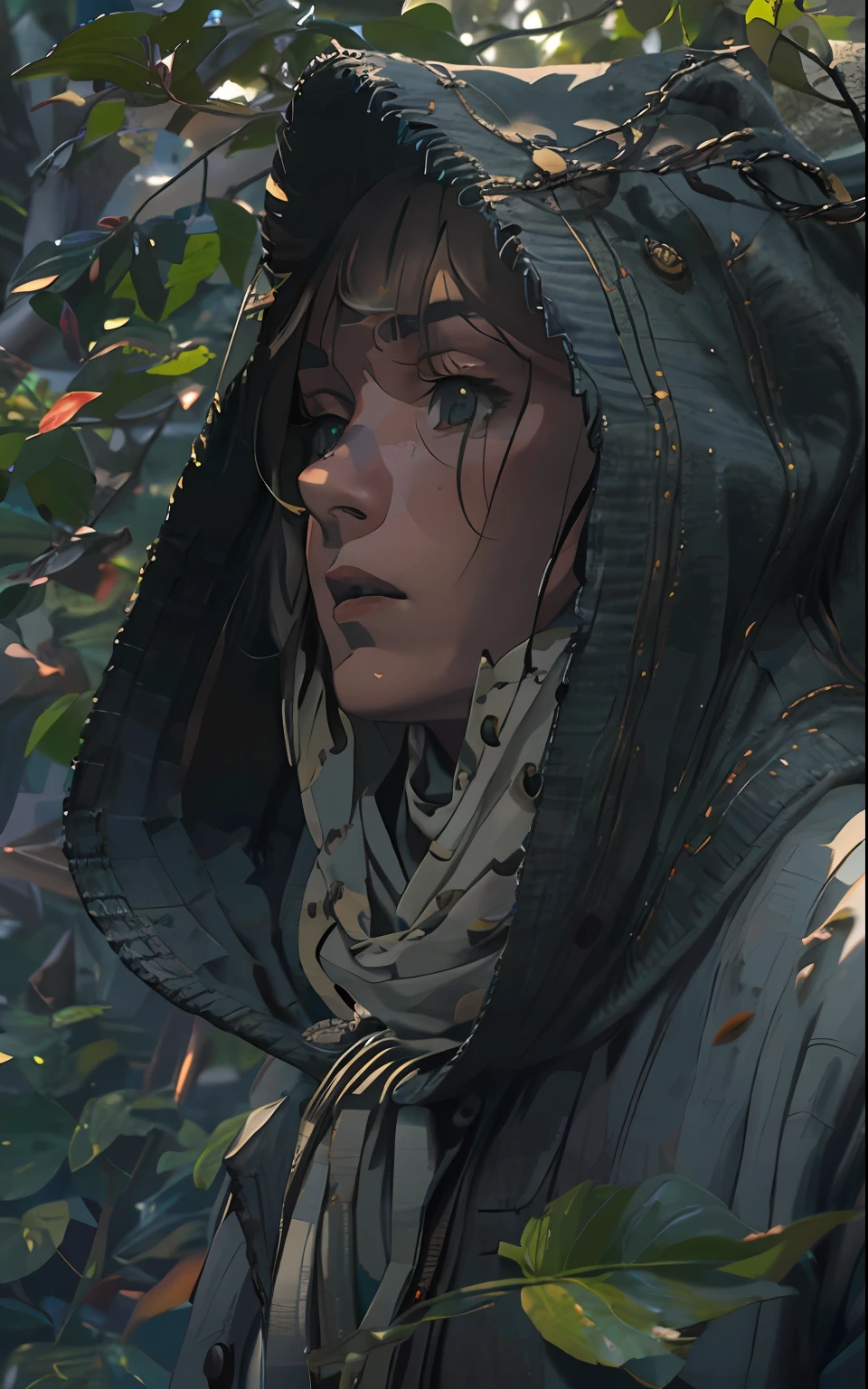 鋒利的, 8K, ArtStation 上的熱門話題, 一個錯綜複雜的, 圖案, 實際的 fantasy, 7K,超現實的, 超細節, 類比風格, 風在尋找樹葉, 葉子是扭曲的, 叶子掉下来了, , 謙遜的, 低胸, 一件旧斗篷, 細緻的肌膚, 霧面皮膚, 柔和的燈光, 次表面散射, 實際的, 沉重的陰影, 傑作, 最好的品質, 超現實, 8K, 黃金比例, 錯綜複雜, 高細節, 底片攝影, 柔焦,  穿著雨衣、頭戴兜帽的女孩, 一条旧围巾, 缠在头上, 詳細外觀, Четкость 8 K, 一根巨大的松绳压在前面, 在他手中, 他手里拿着一根巨大的绳子, 脚下的树叶旋风, 休息 , 添加绿色来描绘单色世界, 仅使用黑色阴影, 白色的 & 灰色的, 傳達深度, 情感與震撼的視覺衝擊力. 風景."街頭霸王", 0mib 風格, 很多人, 貧民窟, 布拉德·约翰逊, 美國演員,  黑髮女孩, 蠟30年