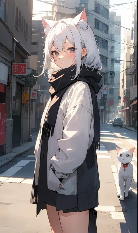 ​masterpiece、top-quality、女の子1人、white  hair、medium hair、cat ear、viewer's perspective、:3、kawaii、scarf、jaket、outside of house、stree...