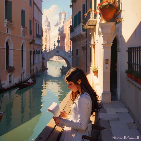 Mujer leyendo en un puente en Venecia por pascale campion, morning light