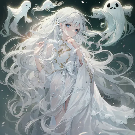 girl in a dream。i have long silver hair。i'm dressed as a ghost。i'm looking languidly。it is an illustration of the highest qualit...