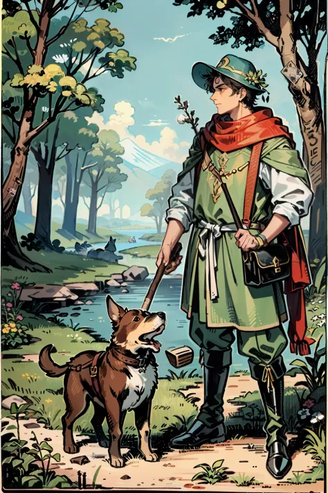 tarot card, the fool, man, bindle, stick and bag, cliff, dog